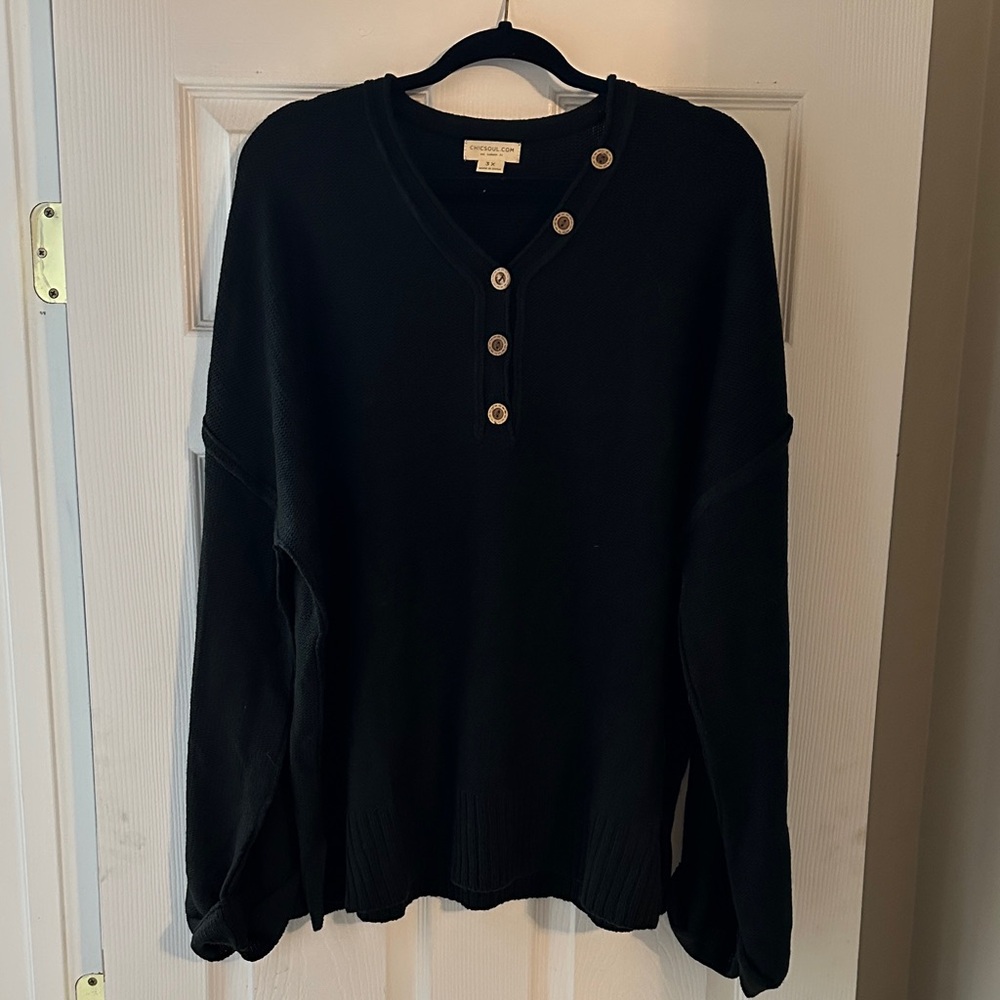 Chic Soul Black V-Neck Sweater with Button Details